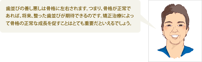 歯並びの善し悪しは骨格に左右されます。つまり、骨格が正常であれば、将来、整った歯並びが期待できるのです。矯正治療によって骨格の正常な成長を促すことはとても重要だといえるでしょう。
